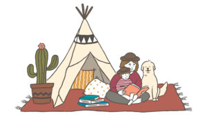 テントの前で読書をする親子と犬のイラスト