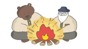 焚火の前でくつろぐ熊とおじさん