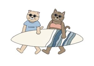 サーフボードをもつ二匹の猫