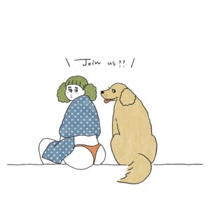 水着の女の子とゴールデンレトリバーが遊びに誘うイラスト