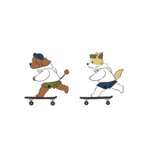 スケボーに乗る二匹の犬のイラスト