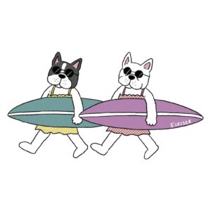 サーフボードを持った二匹のフレンチブルドッグのイラスト