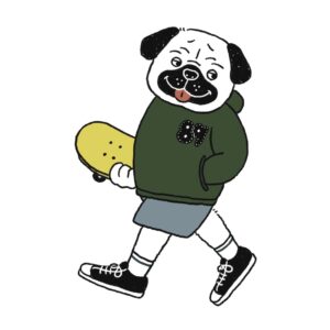 スケボーを持ったパグのイラスト