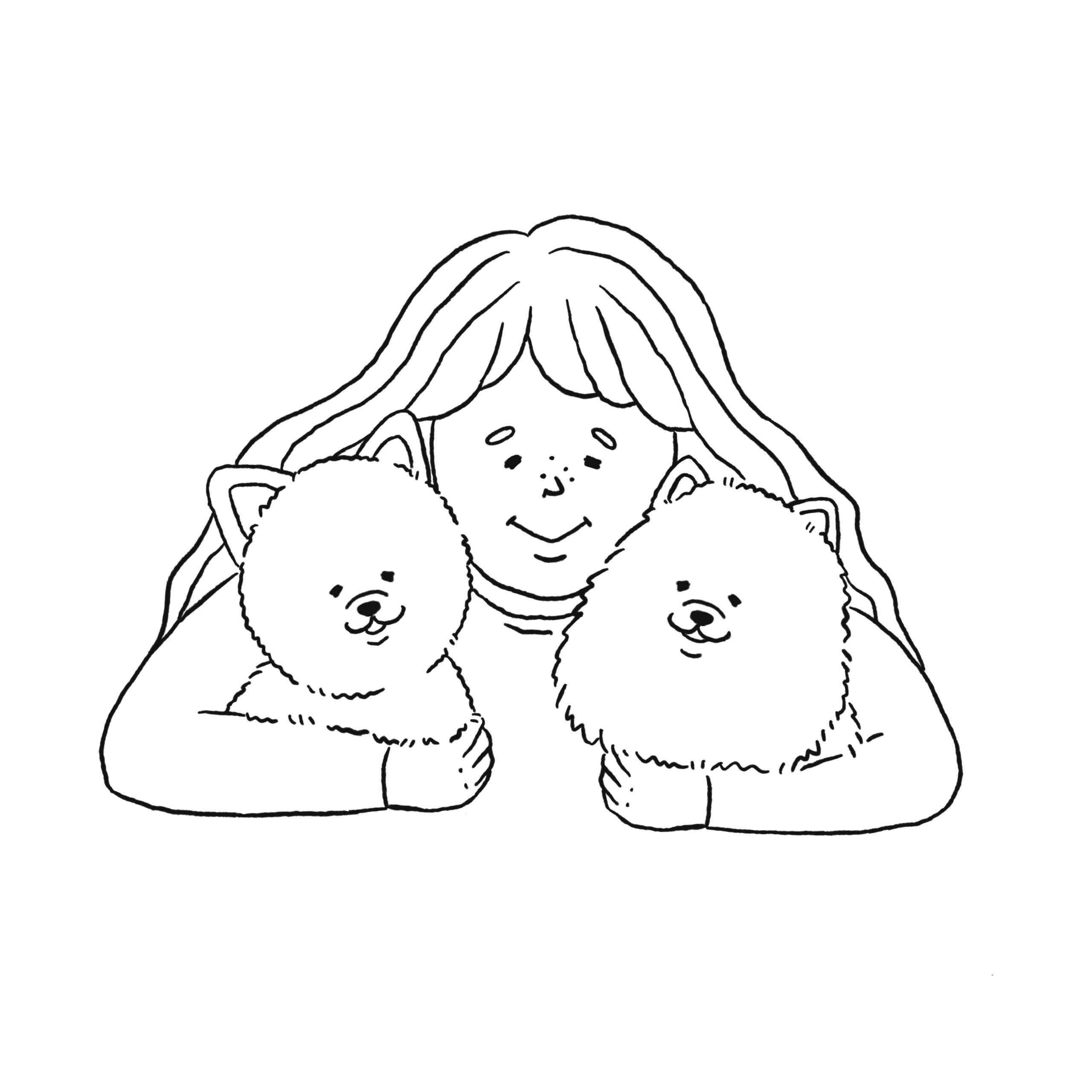 二匹のポメラニアンをハグする女の子のイラスト