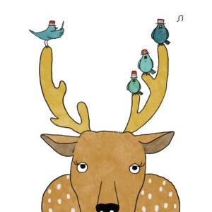 歌を歌う鳥と鹿のイラスト