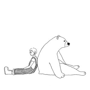 背中合わせに座るオーバーオールの女の子と熊のイラスト