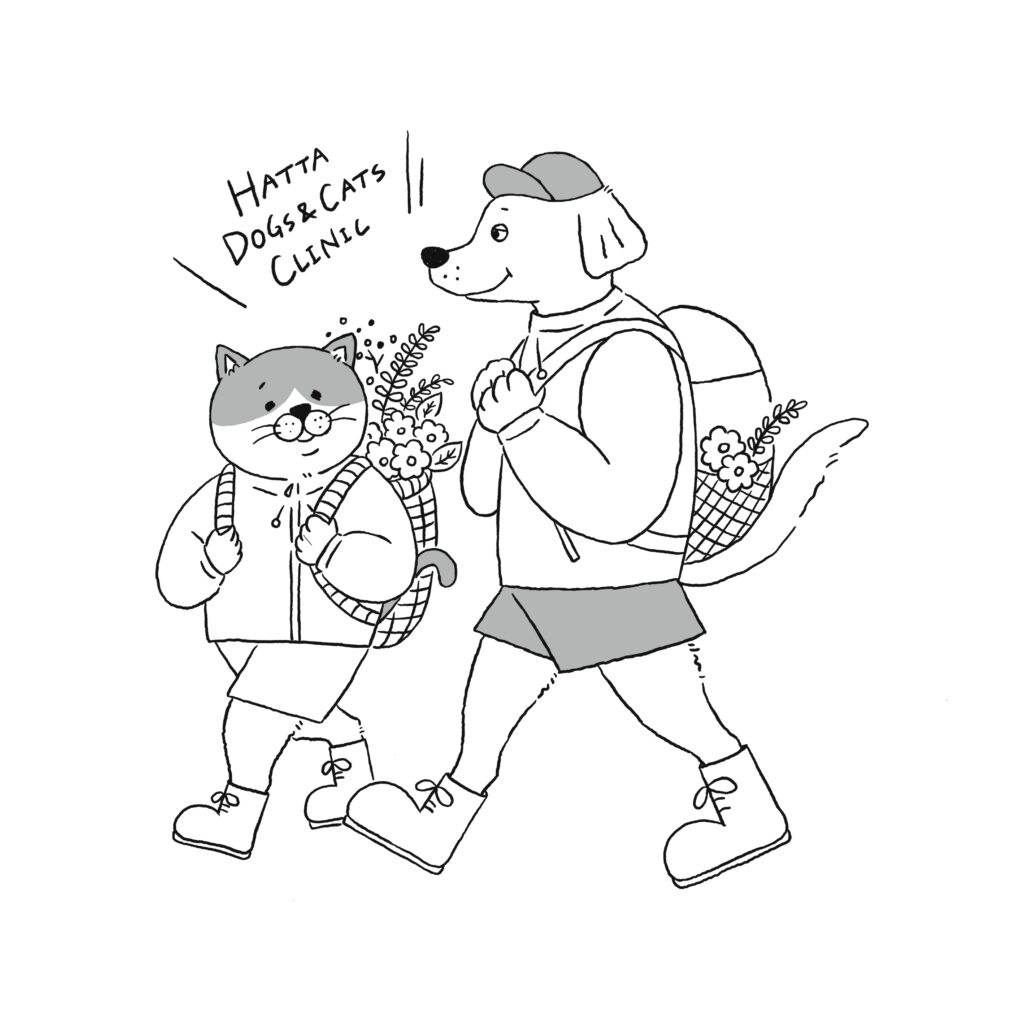 犬と猫がハイキングしているイラスト