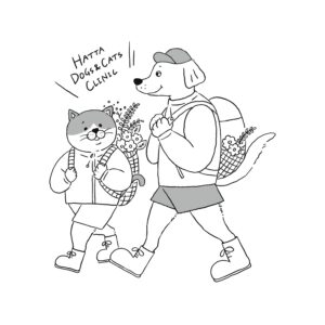 犬と猫がハイキングしているイラスト