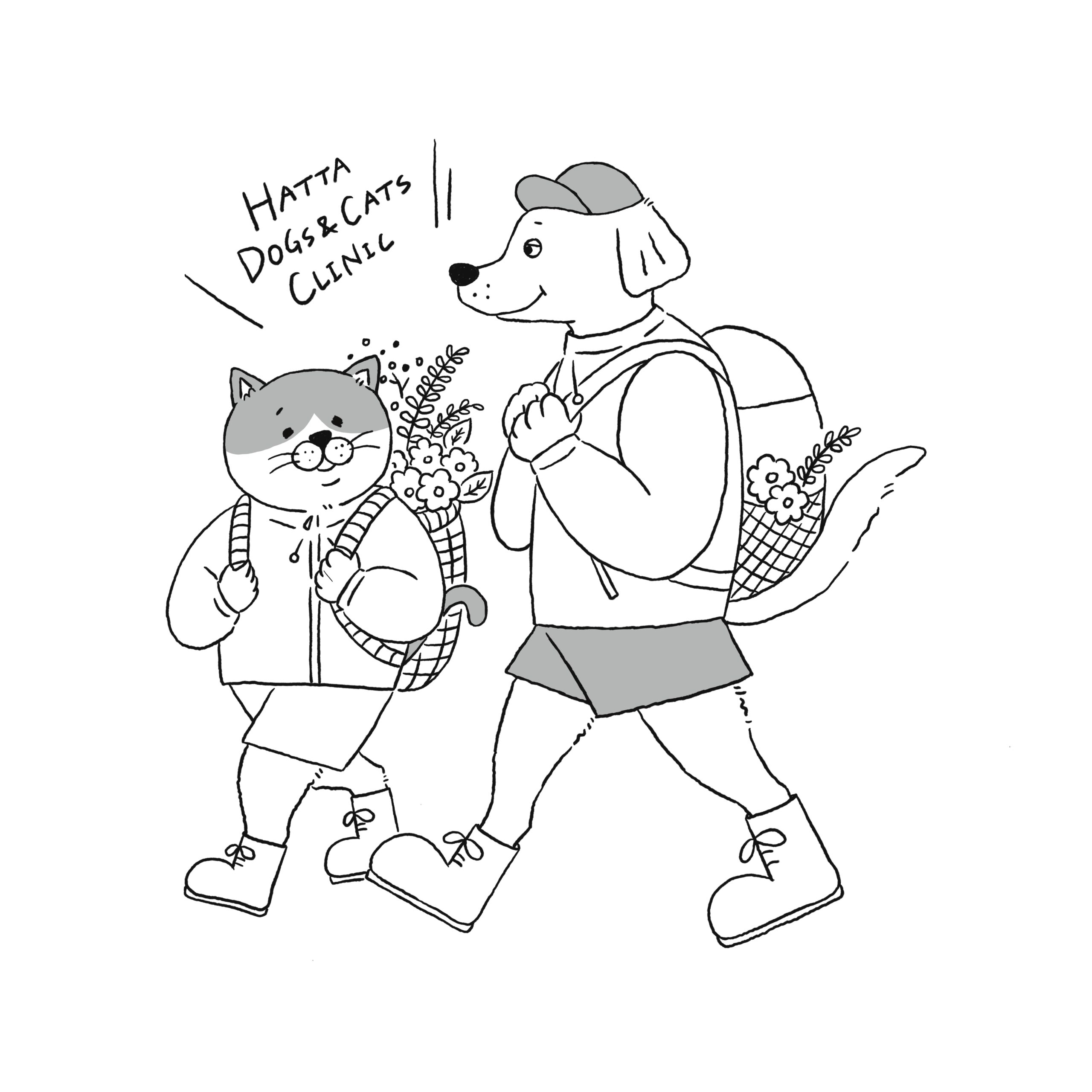 犬と猫がハイキングしているイラスト