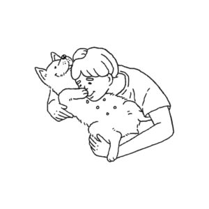 犬の肉球の匂いを嗅ぐ女の子のイラスト