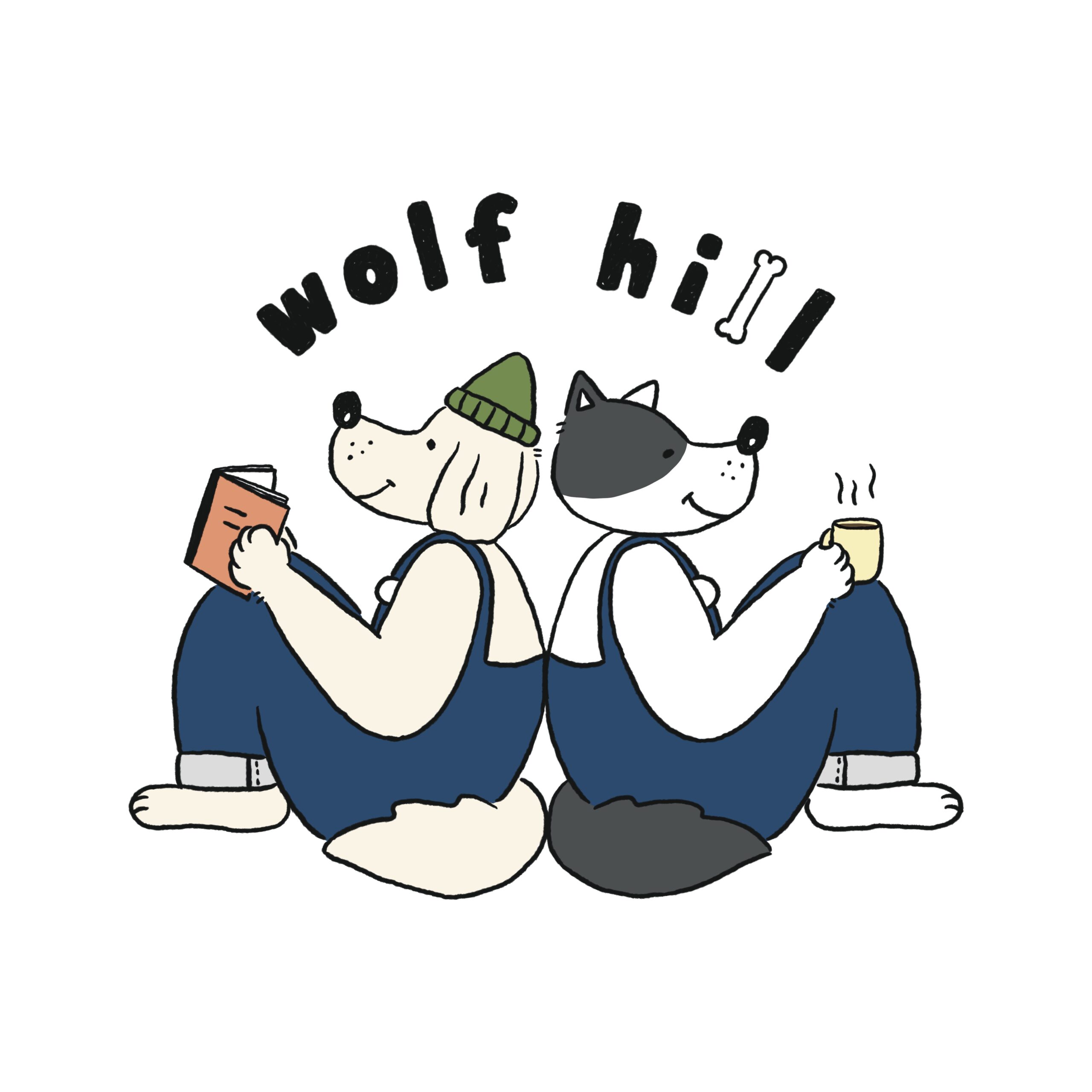 二匹の犬が背中合わせで座ってコーヒーを飲んでいるイラスト
