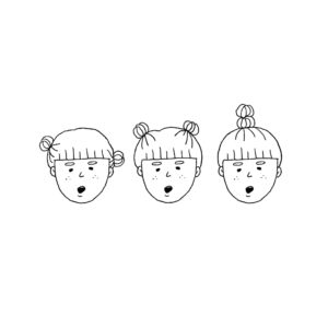 髪の毛を色々な位置でお団子にした女の子３人のイラスト