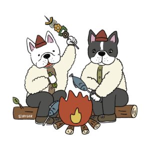 焚き火で魚を焼く二匹のフレンチブルドッグのイラスト